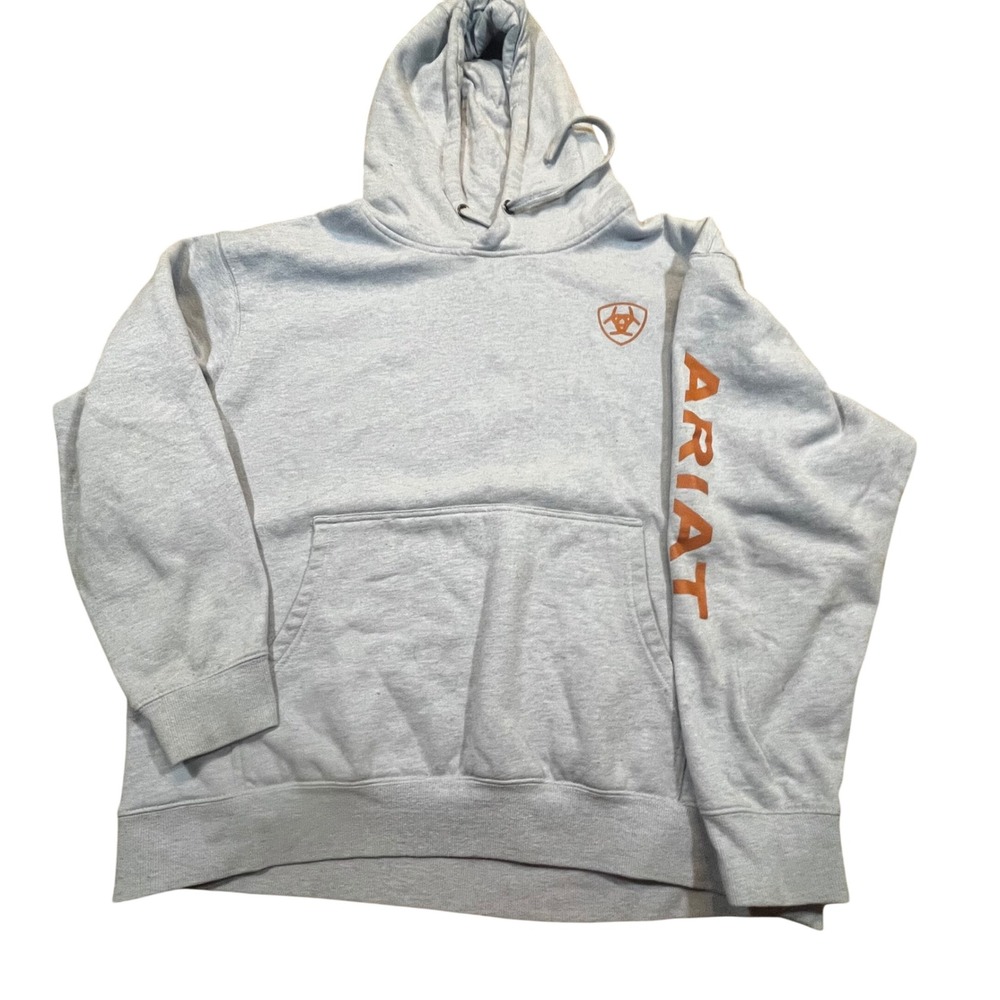 Ariat Mens Hoodie Sweatshirt XL Light Blue Heather Orange‎ Logo Sleeve Graphic